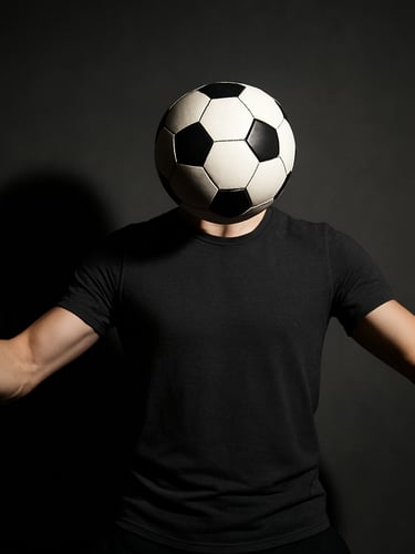 Wide studio shot, anonymous male football freestyler mid upper-body trick, arms extended, football suspended at chest height, studio strobe lighting from left casting sharp shadow on dark background, torso and hands in sharp focus, no face visible, high-contrast black and grey tones