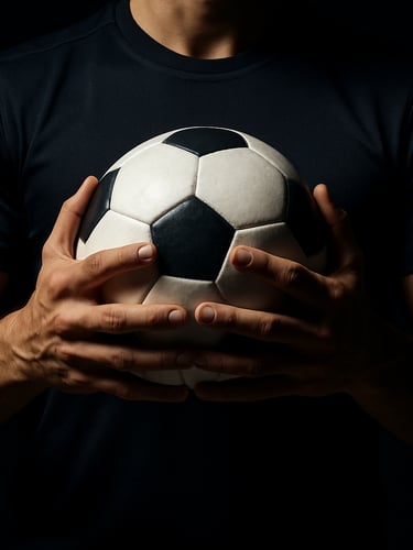 Extreme close-up of a male football freestyler's hands and upper torso, ball pinned between wrists at chest height, dark training kit, studio strobe lighting carving hard-edged shadow across arms and fingers, black background, no lower body, no face, crisp and sharp