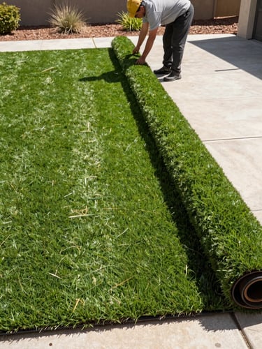 A professional landscape crew member carefully laying down realistic green turf over a prepared base in a Menifee backyard, bright warm sunlight, sharp focus