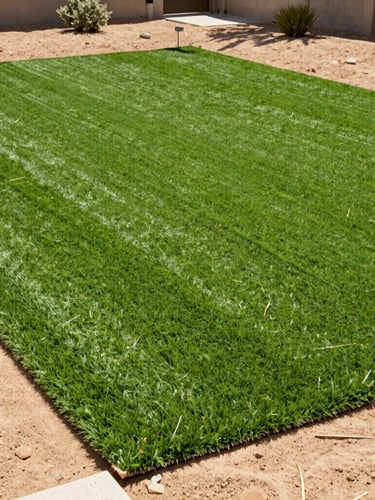Crisp editorial photo of a completed artificial lawn installation in a Southern California backyard, bright natural sunlight, rich green turf texture against warm desert sand landscaping, 35mm