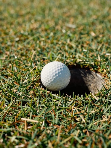 Low-angle close-up of a golf ball resting next to a putting green cup, crisp turf texture showing realistic blades under bright Southern California sunlight, warm earth tones, 35mm.