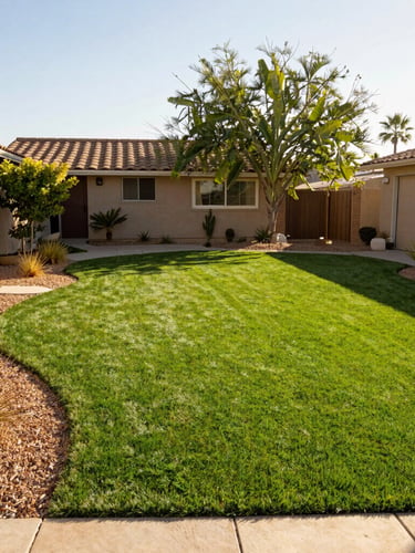 Crisp editorial photography of a sun-drenched suburban backyard with lush green artificial turf, desert landscaping on the borders, warm golden afternoon light, 35mm.