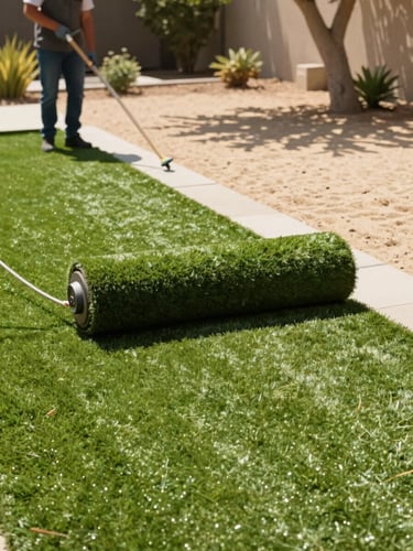 A professional landscaper rolling out realistic green artificial turf in a sunny Southern California backyard, bright natural sunlight, warm sand tones, crisp focus, 35mm.