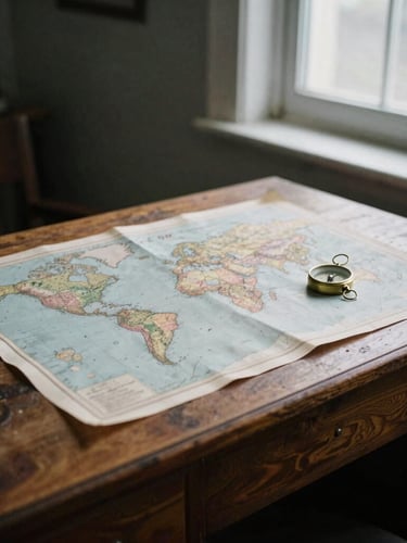 Editorial photojournalism of an old wooden desk with a physical world map, a vintage brass compass, soft overcast light coming from a window, muted desaturated tones, 35mm film grain