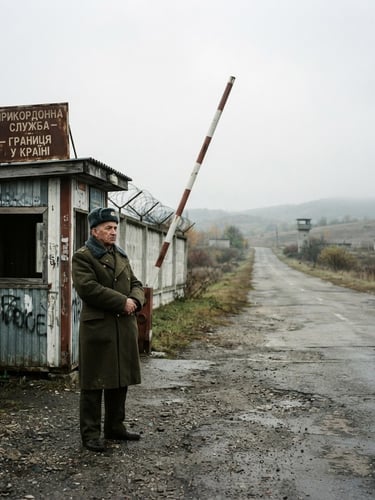 Editorial photojournalism, soft overcast daylight, a lonely border checkpoint in Eastern Europe, desaturated tones, 35mm film grain.