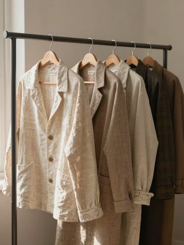 A medium-wide environmental shot of a beautifully styled WATIOWL garment rack in a sunlit bedroom corner, holding premium linen and wool garments on wooden hangers under soft morning window light.