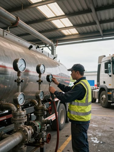 Close environmental shot inside a fuel depot, a logistics worker in a high-visibility vest checking gauges on a large transfer hose connected to a tanker truck, overcast natural daylight filtering through a corrugated roof, industrial pipework and stacked fuel drums visible in the background, documentary framing showing operational scale