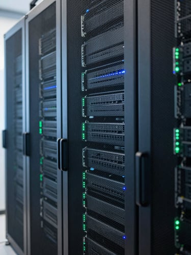 Macro shot of a clean modern server room with subtle green and blue LED lights, representing high-tech academic publishing infrastructure, professional, shallow depth of field, 50mm