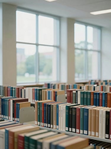 A bright university library interior with rows of classic books, soft daylight streaming through tall windows, professional academic atmosphere