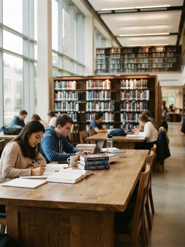 A bright, modern university library with tall bookshelves, a large wooden study table in the foreground, soft natural daylight streaming through high windows, 50mm lens.
