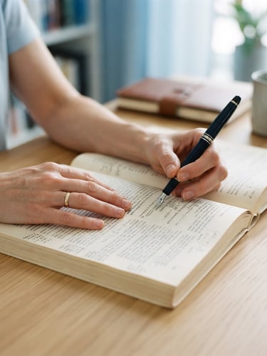 Close-up of a scholar's hands analyzing a printed academic manuscript on a clean wooden desk, soft morning light, 50mm lens