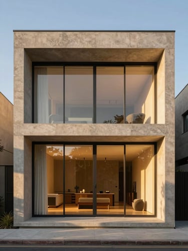 Symmetrical modern monolithic concrete villa facade at golden hour, sharp geometric shadows, floor-to-ceiling glass windows glowing with warm interior light, architectural photography
