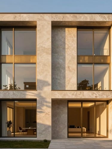 Symmetrical elevation of a monolithic travertine and glass residential estate at twilight, sharp geometric shadows, warm interior glow, architectural medium format photography.