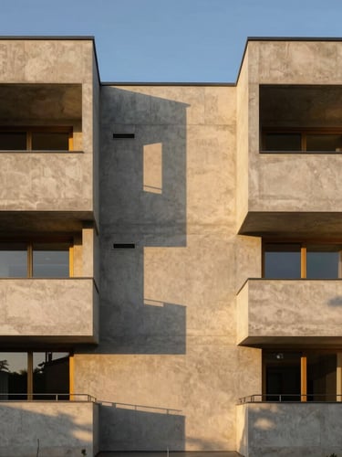 Wide-angle symmetrical elevation of a monolithic raw concrete and travertine residential facade at golden hour, dramatic geometric shadows, architectural photography, medium format