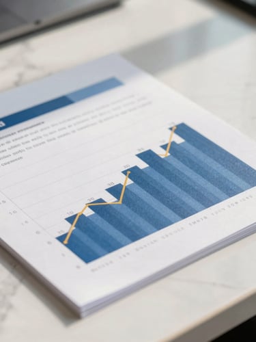 Close-up of professional business documents and a financial chart on a clean marble desk, crisp daylight with subtle golden highlights, 35mm