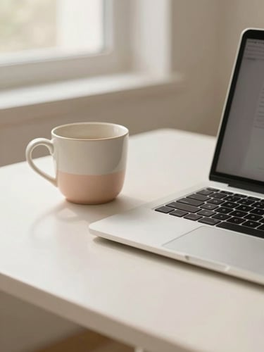 An elegant, organized desk in soft morning light, a ceramic cup next to a sleek closed laptop, cream and blush tones, shallow depth of field, 35mm
