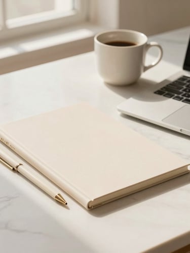Editorial close-up of high-end stationery, a sleek laptop, and a ceramic cup on a minimalist marble desk bathed in soft morning window light, warm cream tones.