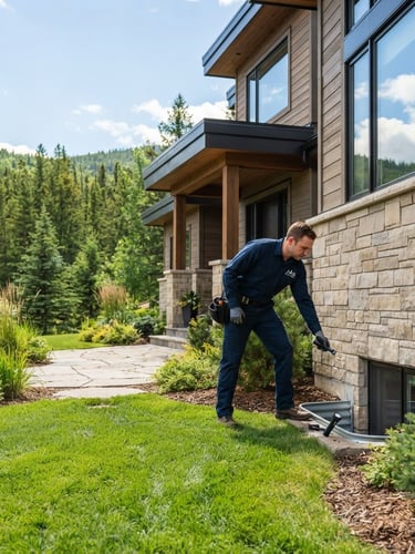 Professional pest control technician in clean uniform inspecting a modern home exterior in Alberta, bright natural daylight, crisp green and warm neutral tones, professional depth of field, wide environmental shot