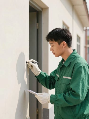 Professional technician in a clean uniform inspecting a commercial building's exterior foundation for entry points, focused on a small gap. Bright natural daylight.