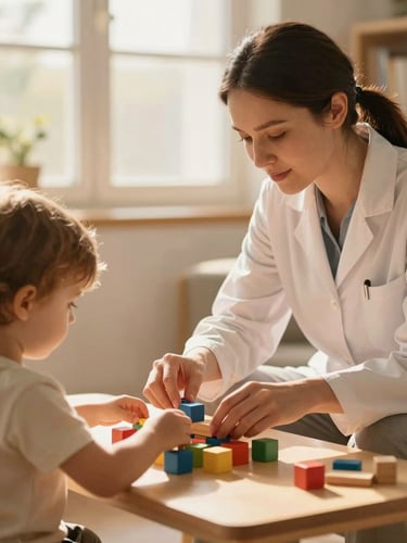A warm editorial portrait of a therapist gently guiding a young child's hands as they play with colorful wooden blocks on a low table, soft golden-hour light streaming in.