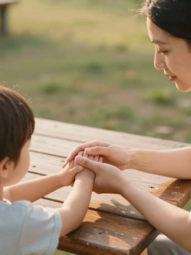 A warm, natural-light photograph of a female therapist guiding a young child at a wooden park table, hands gently guiding hands, soft golden-hour daylight, shallow depth of field, 35mm.