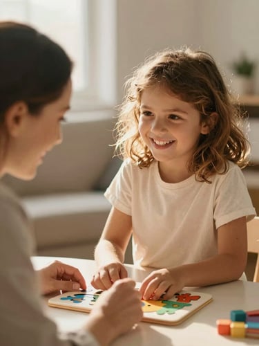 A warm, candid portrait of a therapist and a young child smiling together over a colorful learning puzzle in a sunlit room, soft golden-hour light, shallow depth of field, 35mm.