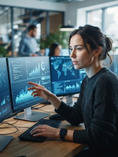 Tech professional collaborating in modern workspace, close-up of engineer analyzing data screens, soft blue screen glow, natural professional tones