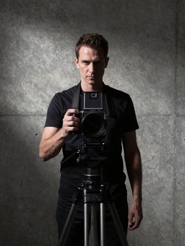 Symmetrical, low-key portrait of a serious photographer in a raw concrete studio. Hard directional key light from the left, casting deep shadows. A medium-format camera on a heavy tripod is partially visible in the frame.