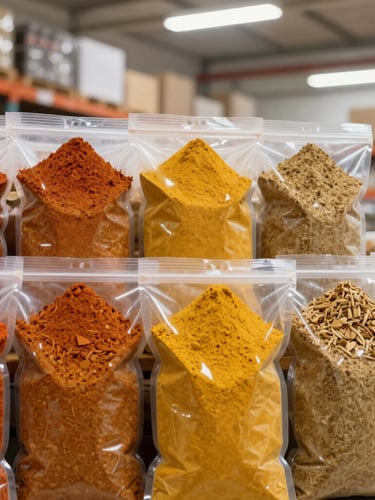 A vertical portrait of pristine bulk packaging of spice powders stacked in a clean, modern, well-lit warehouse, bright commercial food photography, 50mm