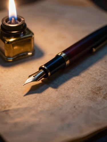 Macro chiaroscuro shot of a fountain pen resting on aged, ink-stained parchment, a brass inkwell nearby, soft candlelight casting long dramatic shadows, warm gold and navy tones.