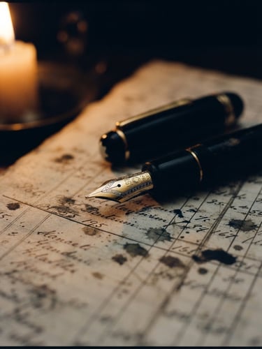 Macro close-up of a fountain pen resting on an ink-stained ledger page, low-key candlelight, deep navy shadows, 35mm lens