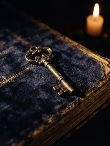 Macro low-key chiaroscuro shot of an antique brass key resting on a dark velvet ledger, candlelight casting long shadows