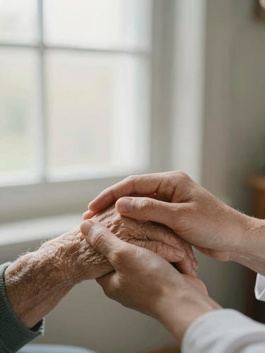 A close-up of a caregiver gently holding an elderly person's hand in warm window light, soft focus, compassionate atmosphere