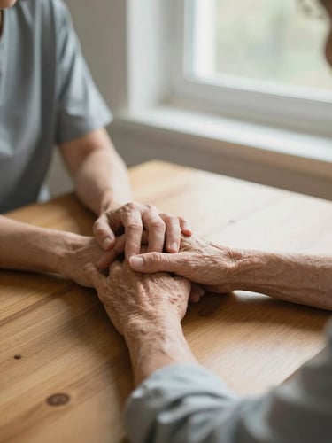 A close-up of a caregiver gently holding an elderly patient's hand on a warm wooden table, soft natural morning light coming through a window, shallow depth of field, high-trust compassionate atmosphere.