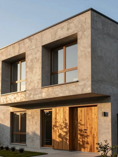 Eye-level shot of a modern residential house facade, natural golden hour sunlight, concrete and wood textures, clean architectural lines, realistic perspective.