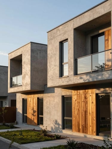 Realistic eye-level exterior shot of a modern concrete and wood residential building during golden hour, showing clean architectural lines and natural shadows.