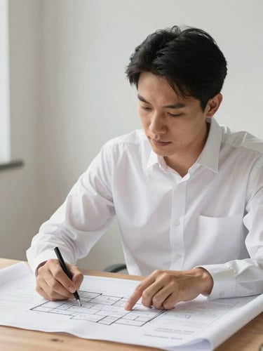 Eye-level medium shot of a professional real estate broker in a crisp white shirt analyzing architectural blueprints on a wooden table, bright natural daylight, clean composition.