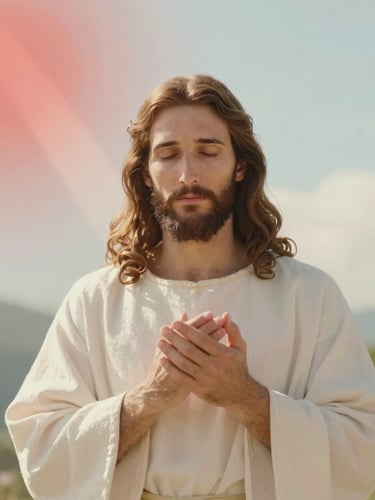 An elegant, soft-toned artistic representation of Jesus the Merciful, integrated subtly with warm light rays of red and pale blue, soft focus, sacred and welcoming atmosphere