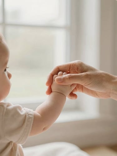 Warm editorial photography, soft natural daylight filtering through a window, a mother gently holding a baby's hand, beige and rosé soft tones, comforting atmosphere, 35mm