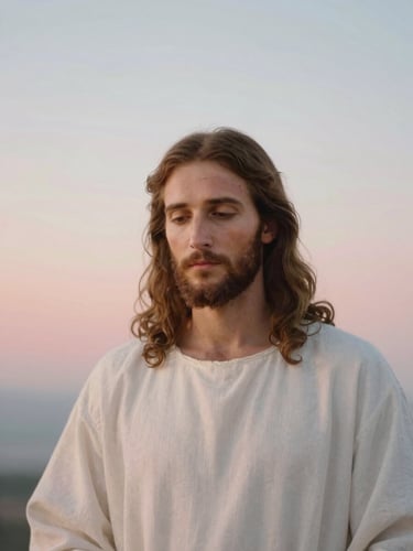 An elegant, subtle artistic representation of Jesus the Merciful, soft light rays of pale red and blue, warm pastel background, gentle and comforting expression, sacred art style, 35mm photography with shallow depth of field.