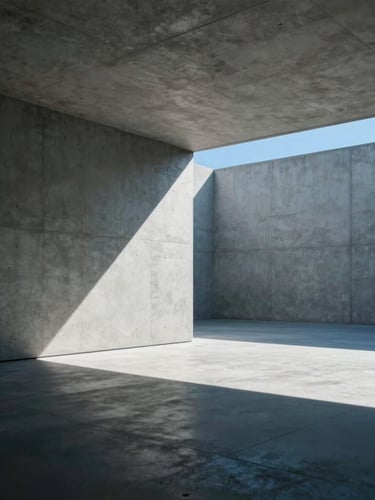 Cinematic wide shot of a modern minimalist concrete gallery with sharp shadows and a single cool blue light leak, empty space on the right.