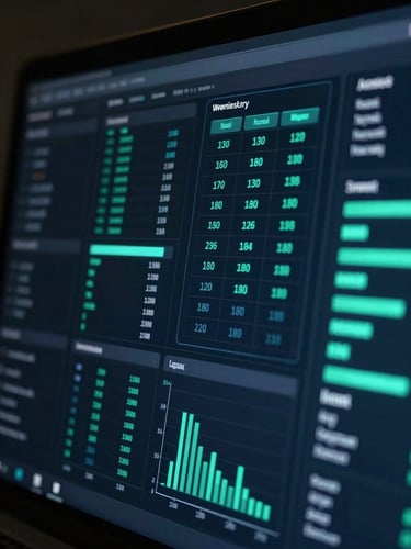 Extreme close-up of a high-resolution data analytics interface on a dark screen, glowing cool-toned emerald and navy metrics, clean lines, cinematic lighting.