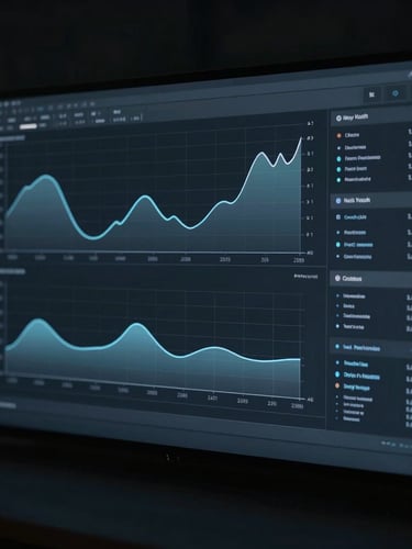 Cinematic wide crop of a minimalist dark-toned digital interface displaying analytical graphs, cool directional light, deep shadows, subtle navy ambient glow.