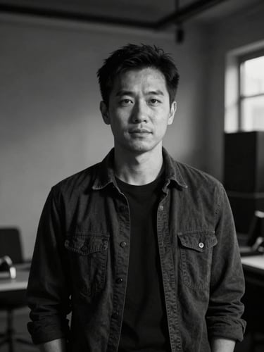 Candid black and white portrait of a creator in a moody, low-lit studio space, directional lighting, deep shadows, cinematic framing.