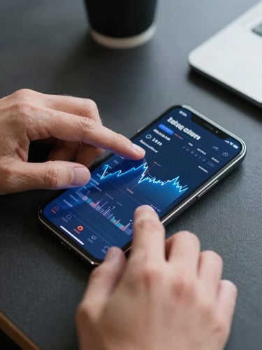 Tight macro shot of hands interacting with a clean mobile screen displaying electric blue financial metrics, dark minimalist desk background, sharp focused lighting.