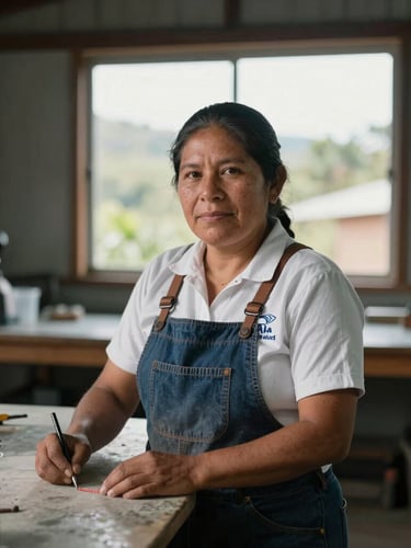 Wide environmental portrait of a local Ecuadorian business owner in Cayambe working in a clean, modern workshop, soft natural window light, high-contrast dark background.