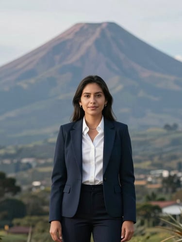 Wide environmental portrait of a modern Ecuadorian business owner in Cayambe with the Imbabura volcano in the far soft-focus background, clean daylight, cool tones.
