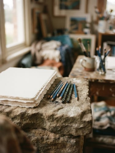 Soft daylight illuminating a quiet Tasmanian studio, textured fine art paper and graphite pencils resting on a sandstone ledge, shallow depth of field, 35mm film texture