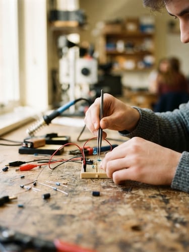 A close-up of a student's hands assembling a small electrical circuit on a wooden workbench, bright natural daylight streaming through a window, authentic documentary photography, shallow depth of field, 35mm film.