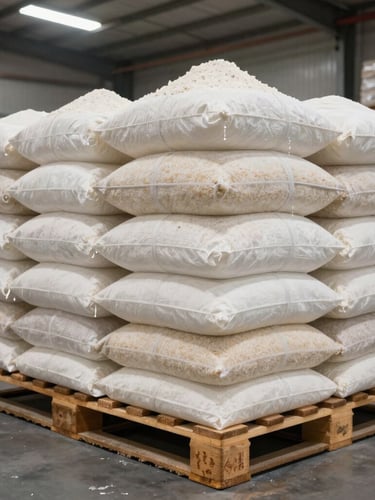 Organized warehouse interior with stacked pallets of flour and rice under bright industrial lighting
